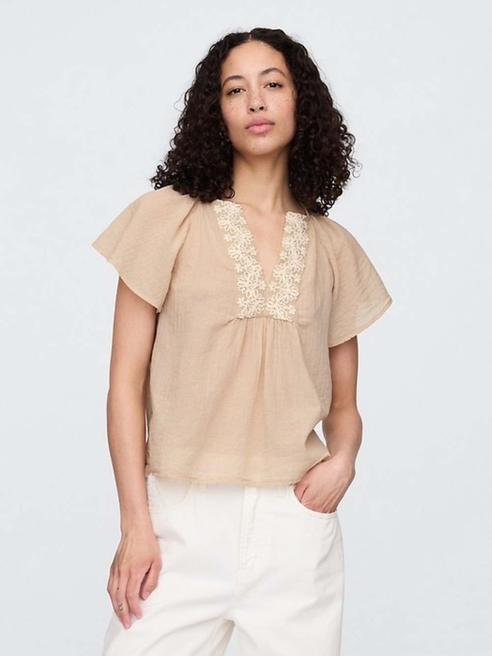 Gap Beige Flutter-Sleeve Embroidered V-Neck Top